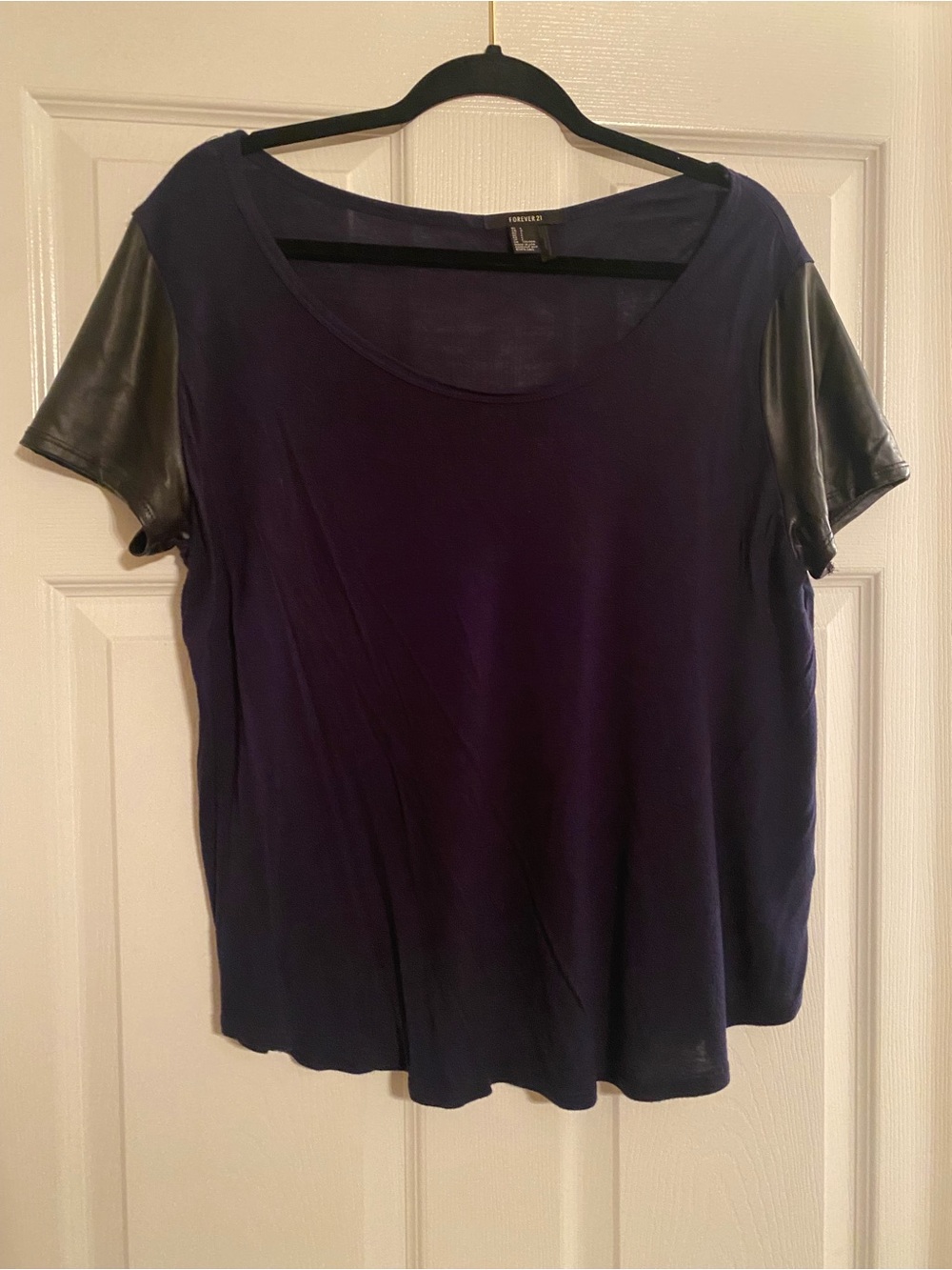 Forever 21 Navy Short Sleeve Tee with Black Faux Leather Sleeves